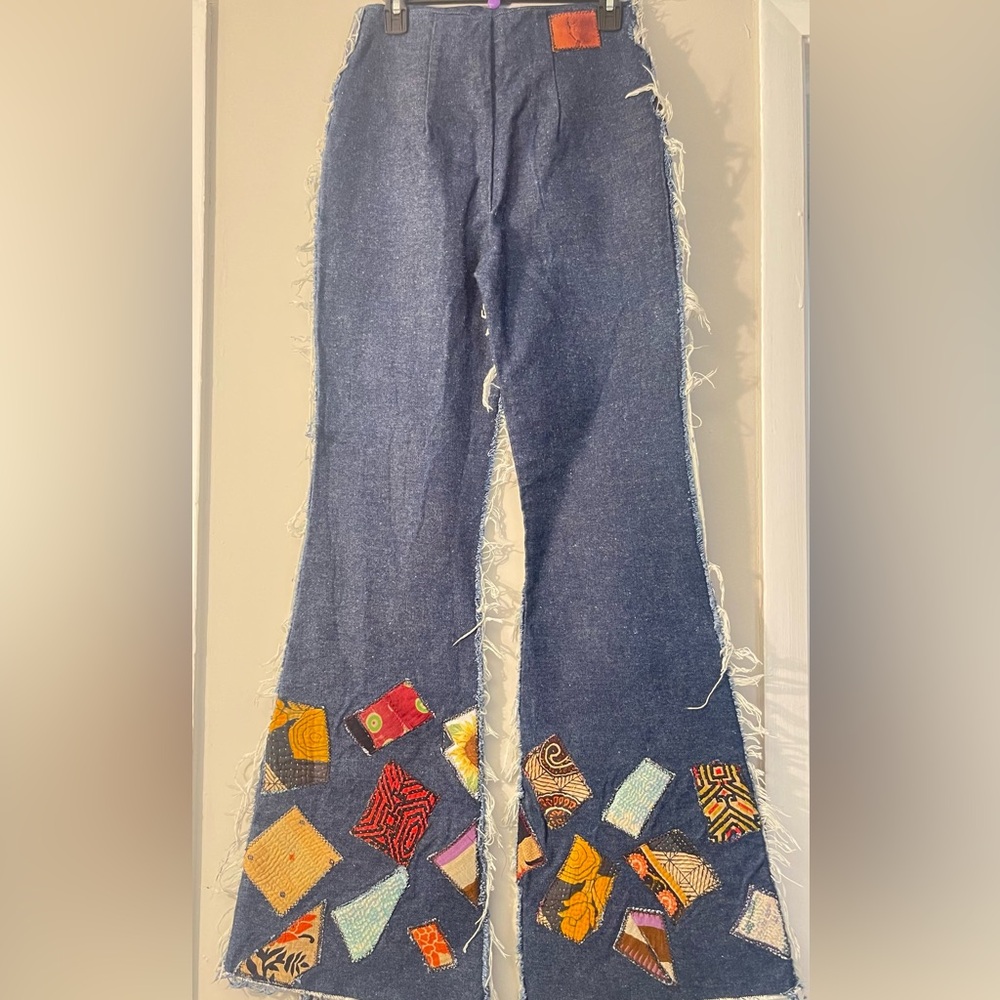 Vintage Custom Denim Flare Jeans with Multicolor Patches